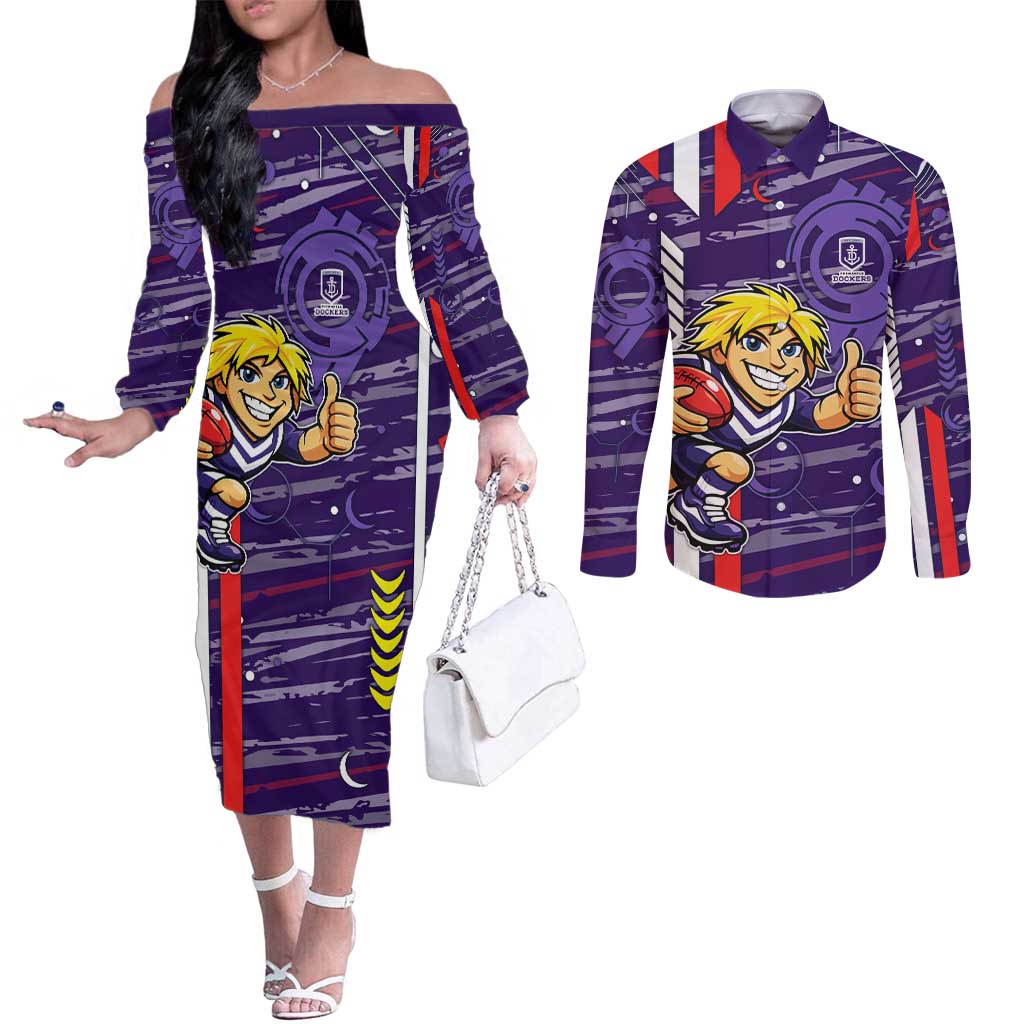 Fremantle Dockers Couples Matching Off The Shoulder Long Sleeve Dress and Long Sleeve Button Shirt Mascot Cartoon Football Illustration Style