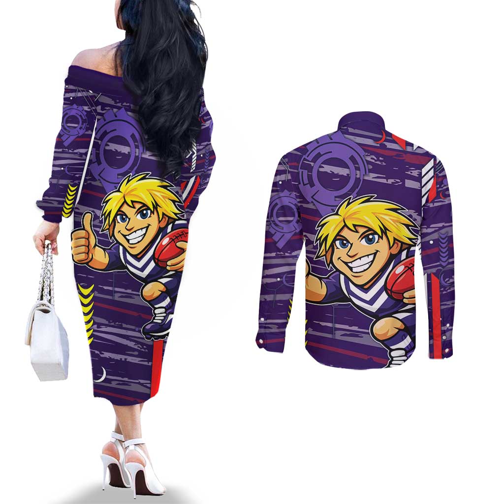 Fremantle Dockers Couples Matching Off The Shoulder Long Sleeve Dress and Long Sleeve Button Shirt Mascot Cartoon Football Illustration Style