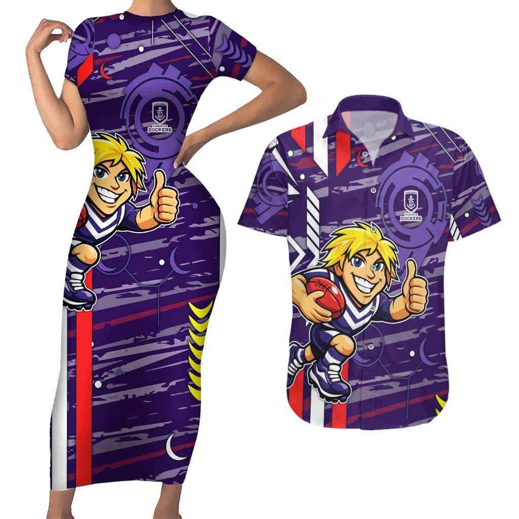 Fremantle Dockers Couples Matching Short Sleeve Bodycon Dress and Hawaiian Shirt Mascot Cartoon Football Illustration Style