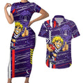 Fremantle Dockers Couples Matching Short Sleeve Bodycon Dress and Hawaiian Shirt Mascot Cartoon Football Illustration Style