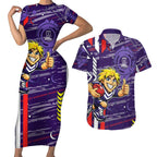 Fremantle Dockers Couples Matching Short Sleeve Bodycon Dress and Hawaiian Shirt Mascot Cartoon Football Illustration Style