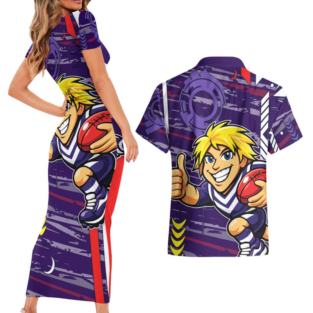 Fremantle Dockers Couples Matching Short Sleeve Bodycon Dress and Hawaiian Shirt Mascot Cartoon Football Illustration Style