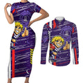 Fremantle Dockers Couples Matching Short Sleeve Bodycon Dress and Long Sleeve Button Shirt Mascot Cartoon Football Illustration Style