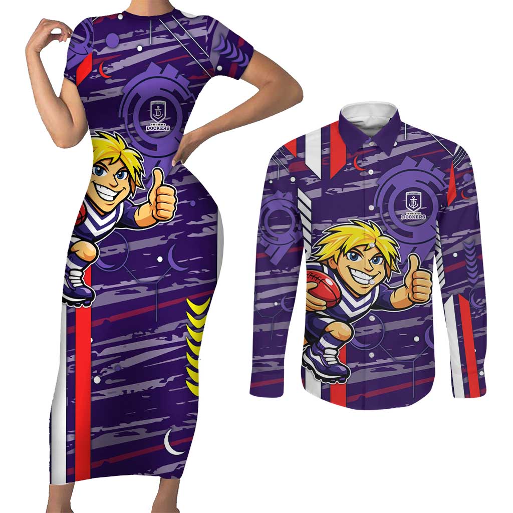 Fremantle Dockers Couples Matching Short Sleeve Bodycon Dress and Long Sleeve Button Shirt Mascot Cartoon Football Illustration Style