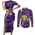 Fremantle Dockers Couples Matching Short Sleeve Bodycon Dress and Long Sleeve Button Shirt Mascot Cartoon Football Illustration Style