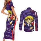 Fremantle Dockers Couples Matching Short Sleeve Bodycon Dress and Long Sleeve Button Shirt Mascot Cartoon Football Illustration Style