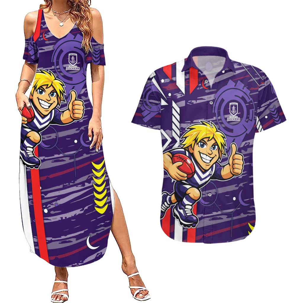 Fremantle Dockers Couples Matching Summer Maxi Dress and Hawaiian Shirt Mascot Cartoon Football Illustration Style