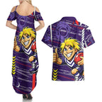 Fremantle Dockers Couples Matching Summer Maxi Dress and Hawaiian Shirt Mascot Cartoon Football Illustration Style