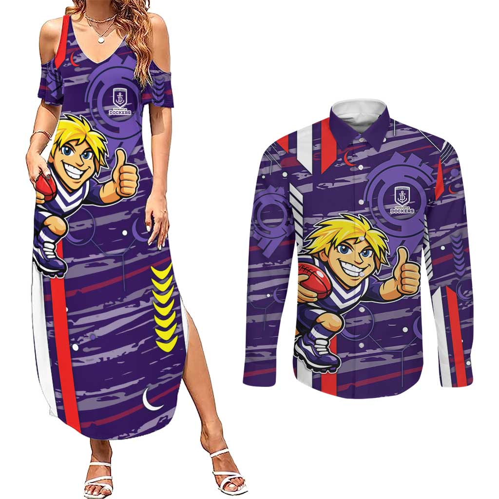 Fremantle Dockers Couples Matching Summer Maxi Dress and Long Sleeve Button Shirt Mascot Cartoon Football Illustration Style