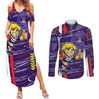 Fremantle Dockers Couples Matching Summer Maxi Dress and Long Sleeve Button Shirt Mascot Cartoon Football Illustration Style