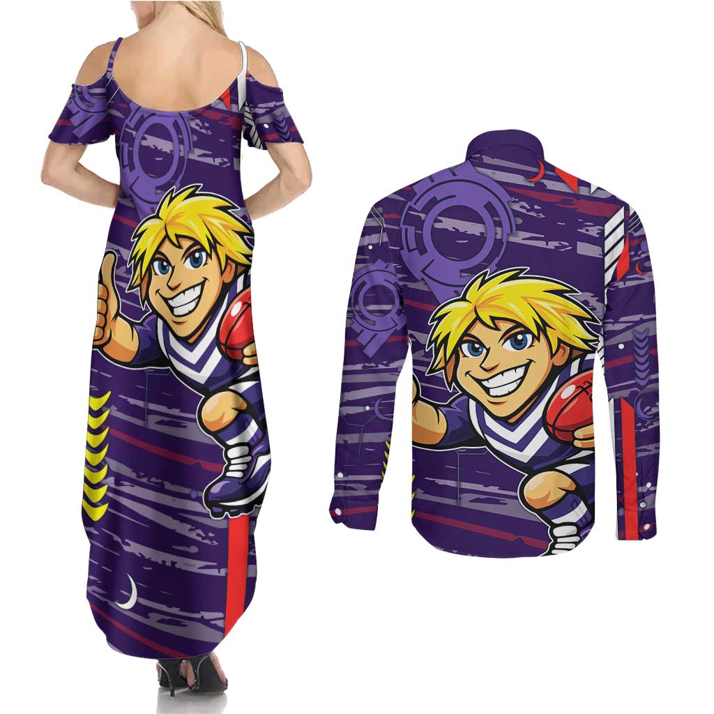 Fremantle Dockers Couples Matching Summer Maxi Dress and Long Sleeve Button Shirt Mascot Cartoon Football Illustration Style