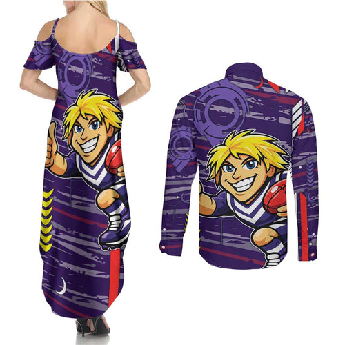 Fremantle Dockers Couples Matching Summer Maxi Dress and Long Sleeve Button Shirt Mascot Cartoon Football Illustration Style
