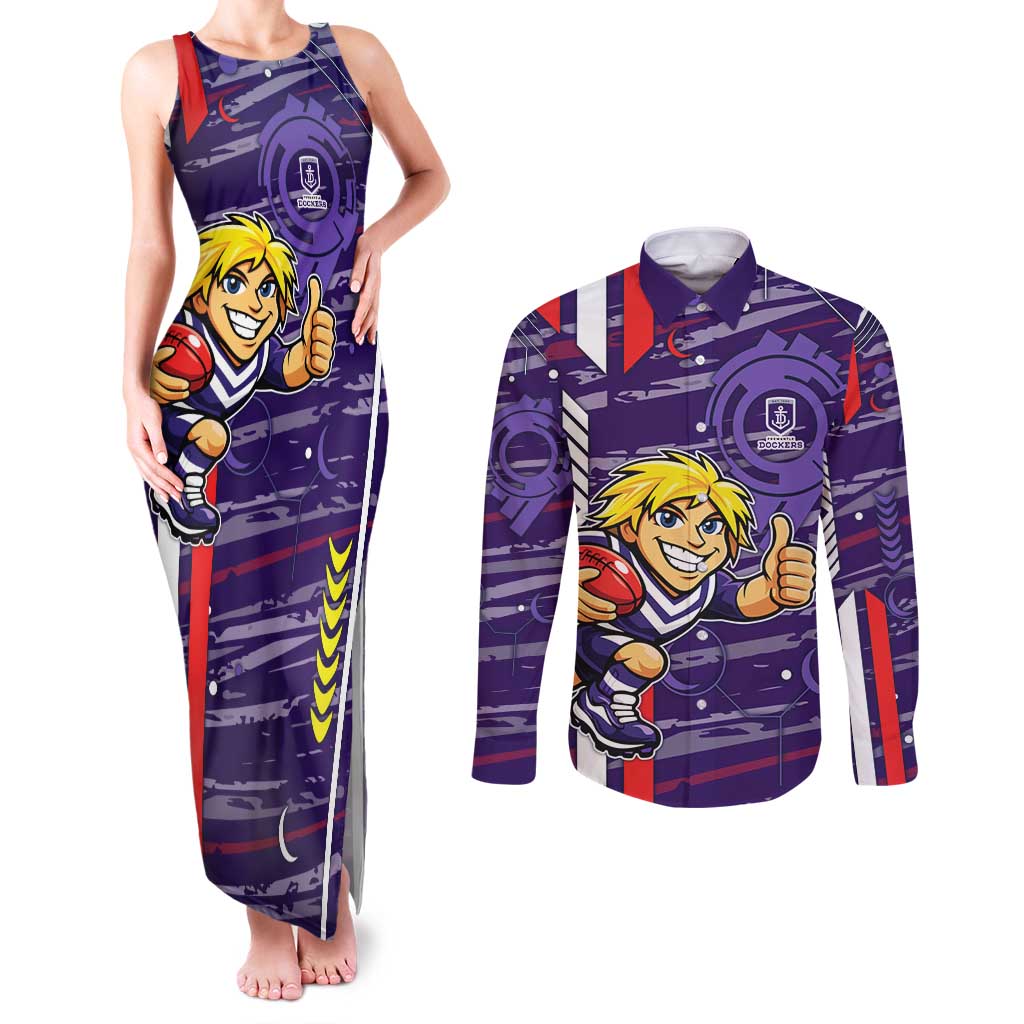 Fremantle Dockers Couples Matching Tank Maxi Dress and Long Sleeve Button Shirt Mascot Cartoon Football Illustration Style