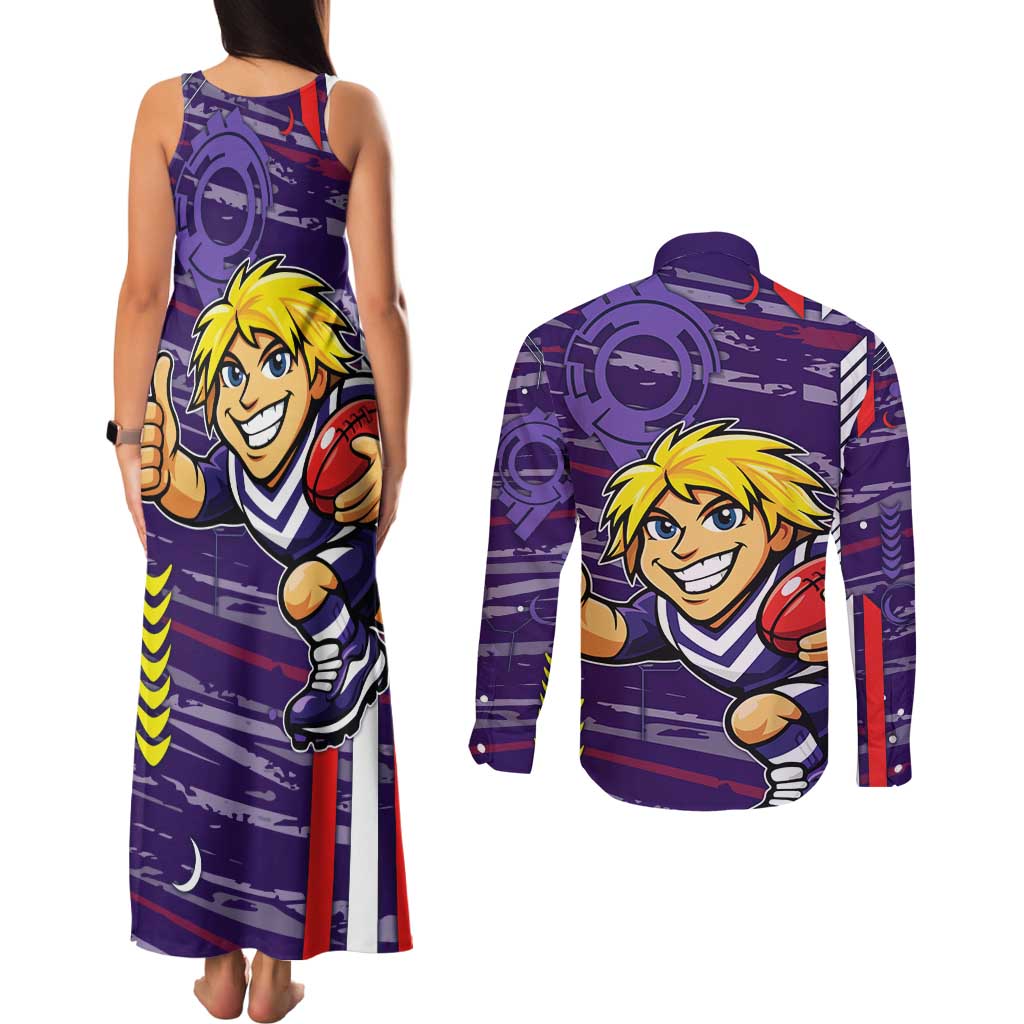 Fremantle Dockers Couples Matching Tank Maxi Dress and Long Sleeve Button Shirt Mascot Cartoon Football Illustration Style