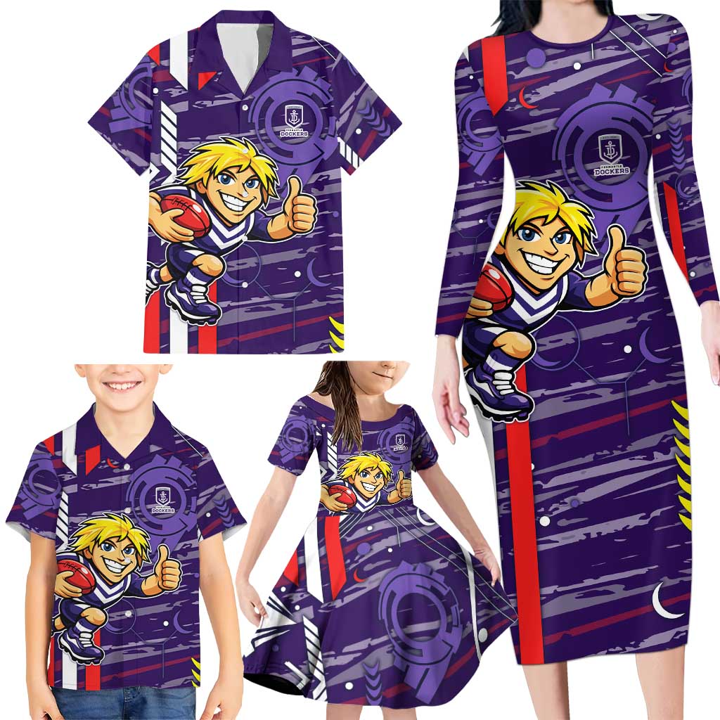 Fremantle Dockers Family Matching Long Sleeve Bodycon Dress and Hawaiian Shirt Mascot Cartoon Football Illustration Style