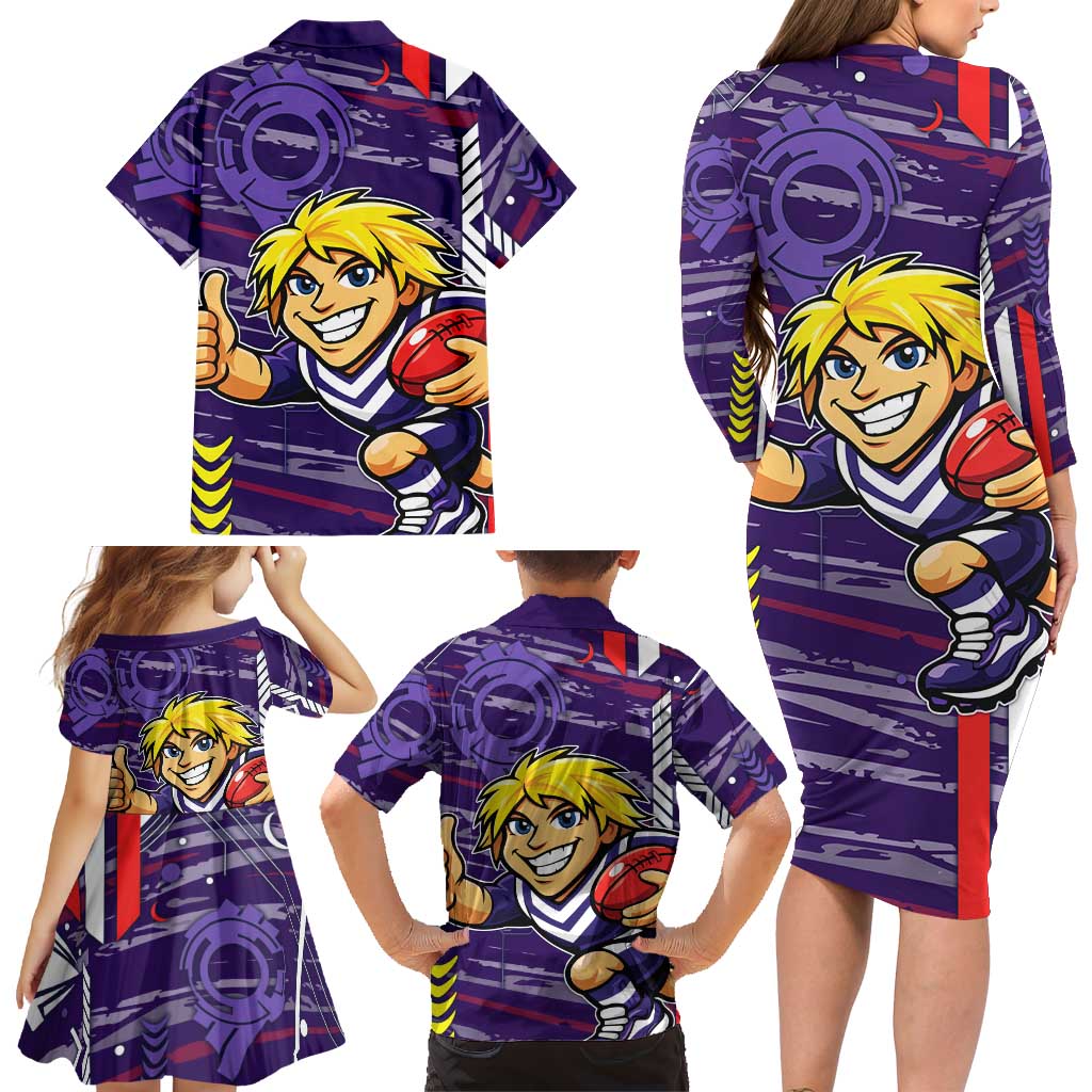 Fremantle Dockers Family Matching Long Sleeve Bodycon Dress and Hawaiian Shirt Mascot Cartoon Football Illustration Style