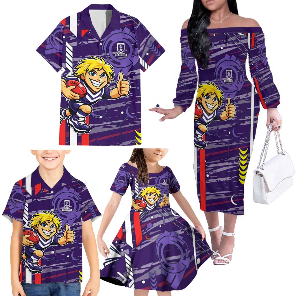 Fremantle Dockers Family Matching Off The Shoulder Long Sleeve Dress and Hawaiian Shirt Mascot Cartoon Football Illustration Style