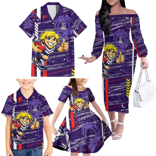 Fremantle Dockers Family Matching Off The Shoulder Long Sleeve Dress and Hawaiian Shirt Mascot Cartoon Football Illustration Style