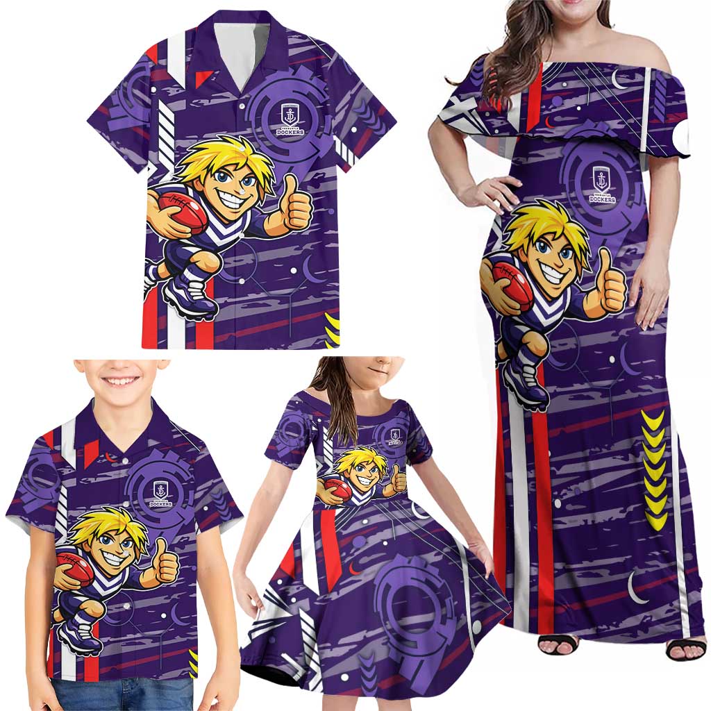 Fremantle Dockers Family Matching Off Shoulder Maxi Dress and Hawaiian Shirt Mascot Cartoon Football Illustration Style
