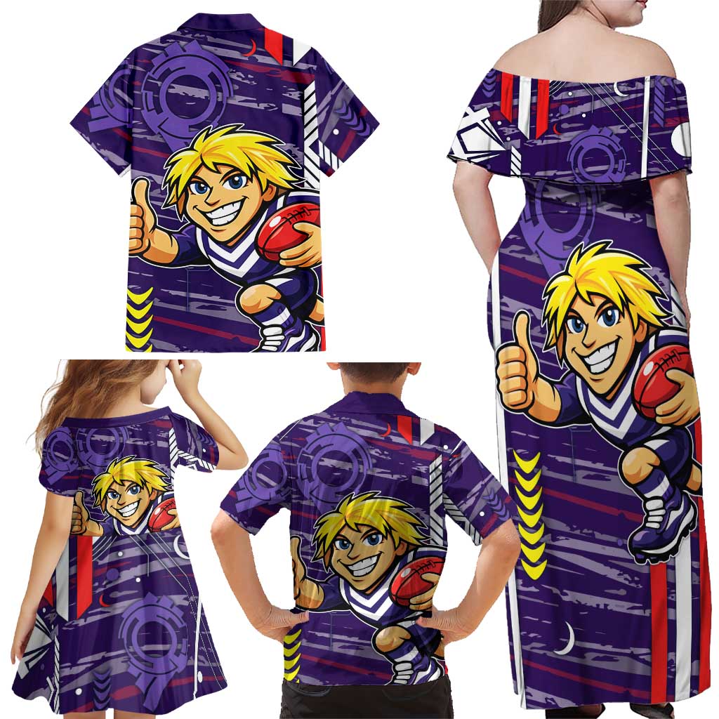Fremantle Dockers Family Matching Off Shoulder Maxi Dress and Hawaiian Shirt Mascot Cartoon Football Illustration Style