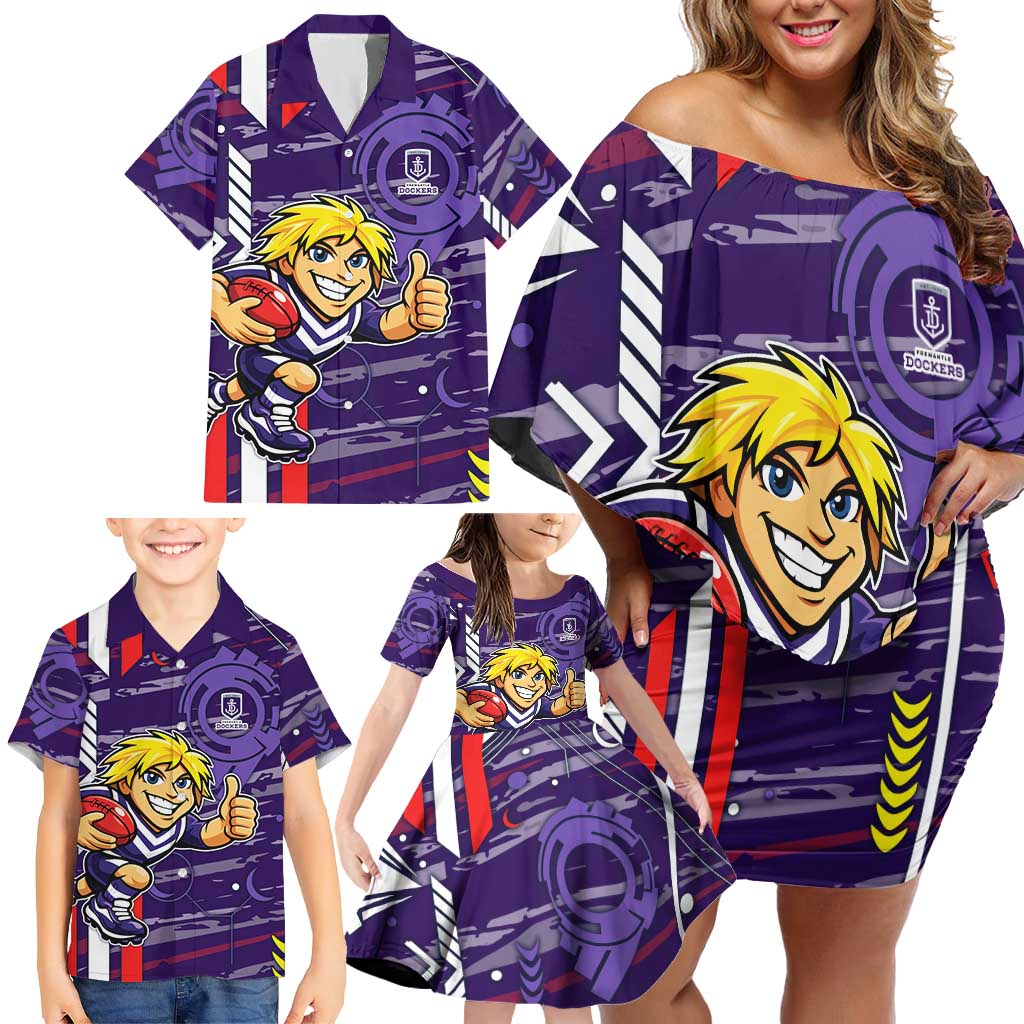 Fremantle Dockers Family Matching Off Shoulder Short Dress and Hawaiian Shirt Mascot Cartoon Football Illustration Style