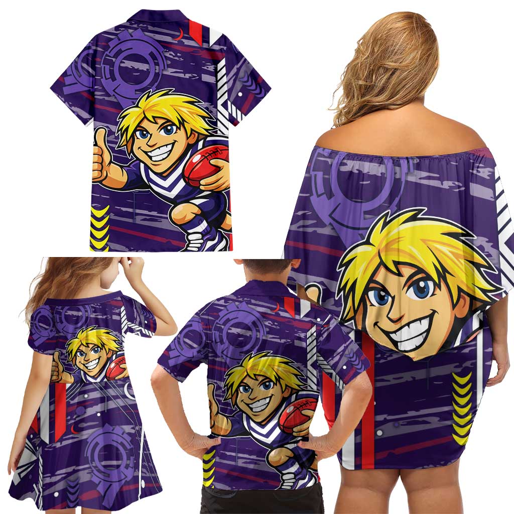 Fremantle Dockers Family Matching Off Shoulder Short Dress and Hawaiian Shirt Mascot Cartoon Football Illustration Style