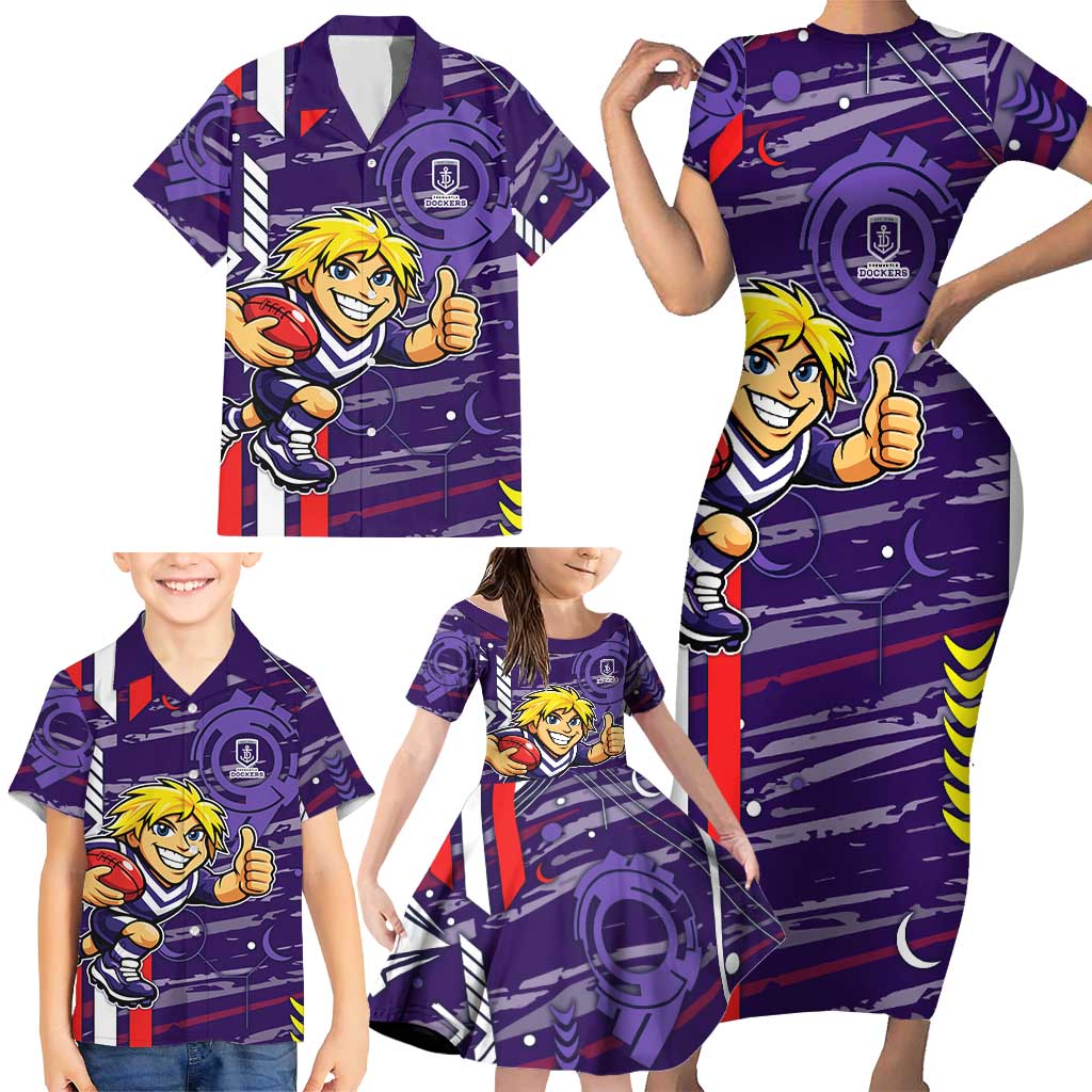 Fremantle Dockers Family Matching Short Sleeve Bodycon Dress and Hawaiian Shirt Mascot Cartoon Football Illustration Style
