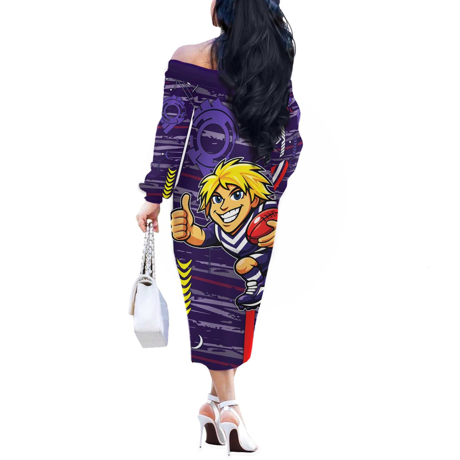 Fremantle Dockers Off The Shoulder Long Sleeve Dress Mascot Cartoon Football Illustration Style