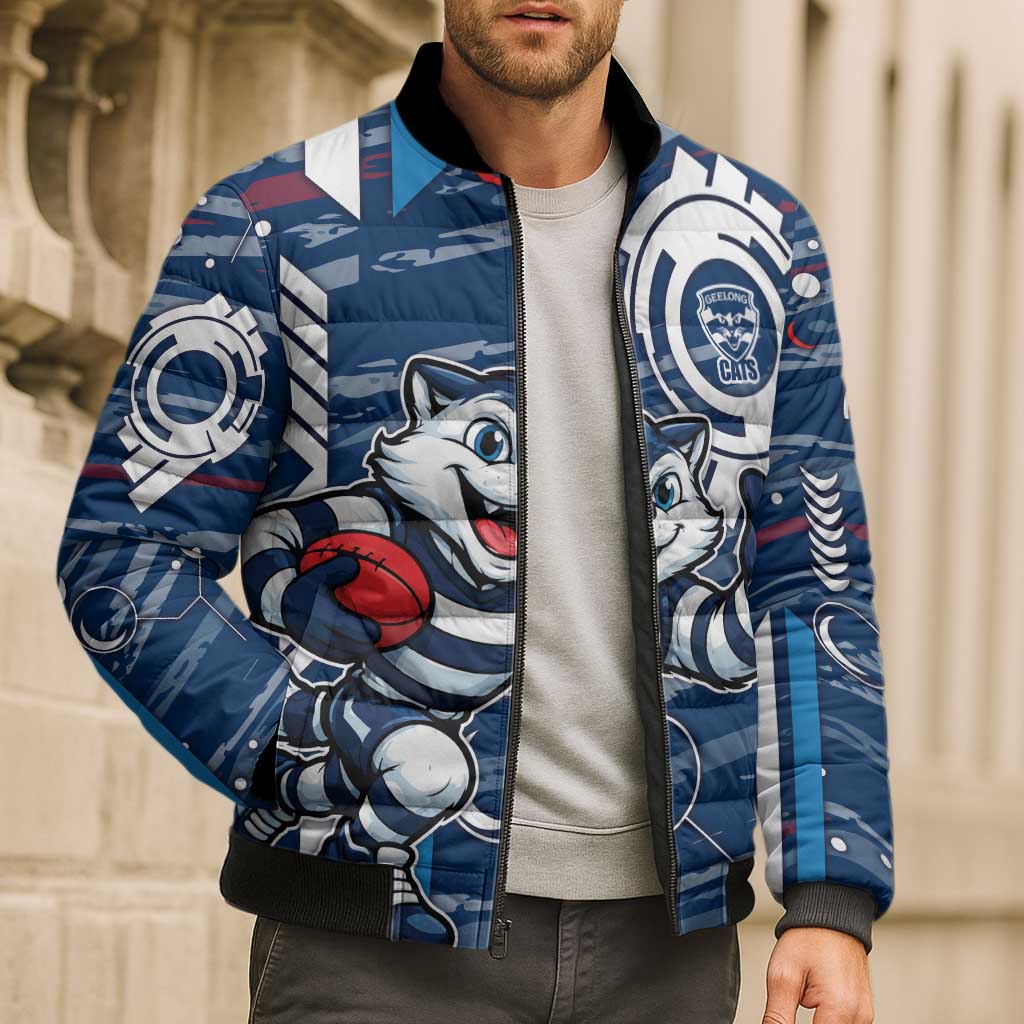 Geelong Cats Bomber Puffer Jacket Mascot Cartoon Football Illustration Style