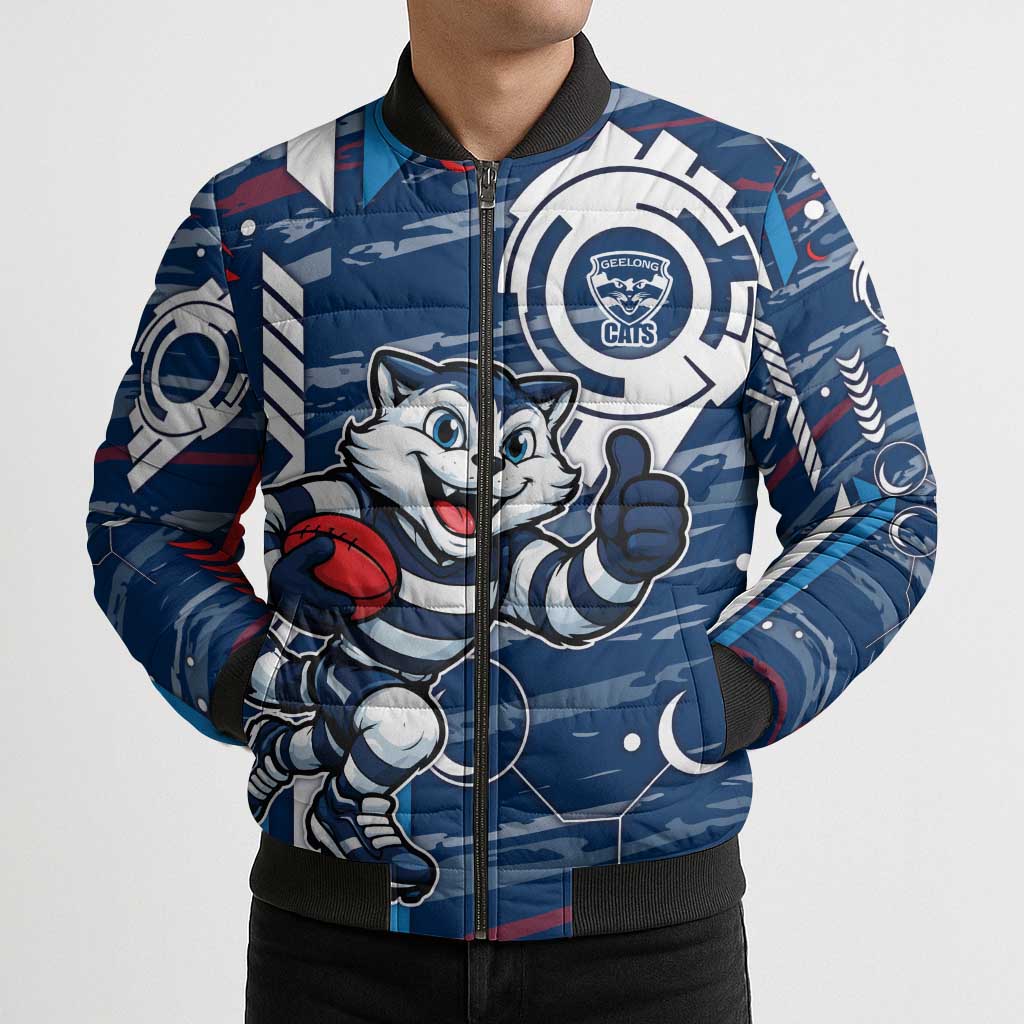 Geelong Cats Bomber Puffer Jacket Mascot Cartoon Football Illustration Style