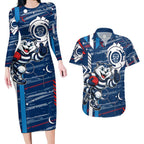 Geelong Cats Couples Matching Long Sleeve Bodycon Dress and Hawaiian Shirt Mascot Cartoon Football Illustration Style