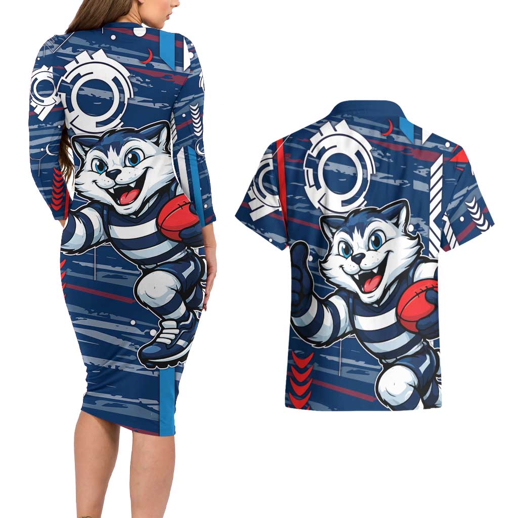 Geelong Cats Couples Matching Long Sleeve Bodycon Dress and Hawaiian Shirt Mascot Cartoon Football Illustration Style