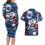 Geelong Cats Couples Matching Long Sleeve Bodycon Dress and Hawaiian Shirt Mascot Cartoon Football Illustration Style