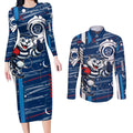 Geelong Cats Couples Matching Long Sleeve Bodycon Dress and Long Sleeve Button Shirt Mascot Cartoon Football Illustration Style