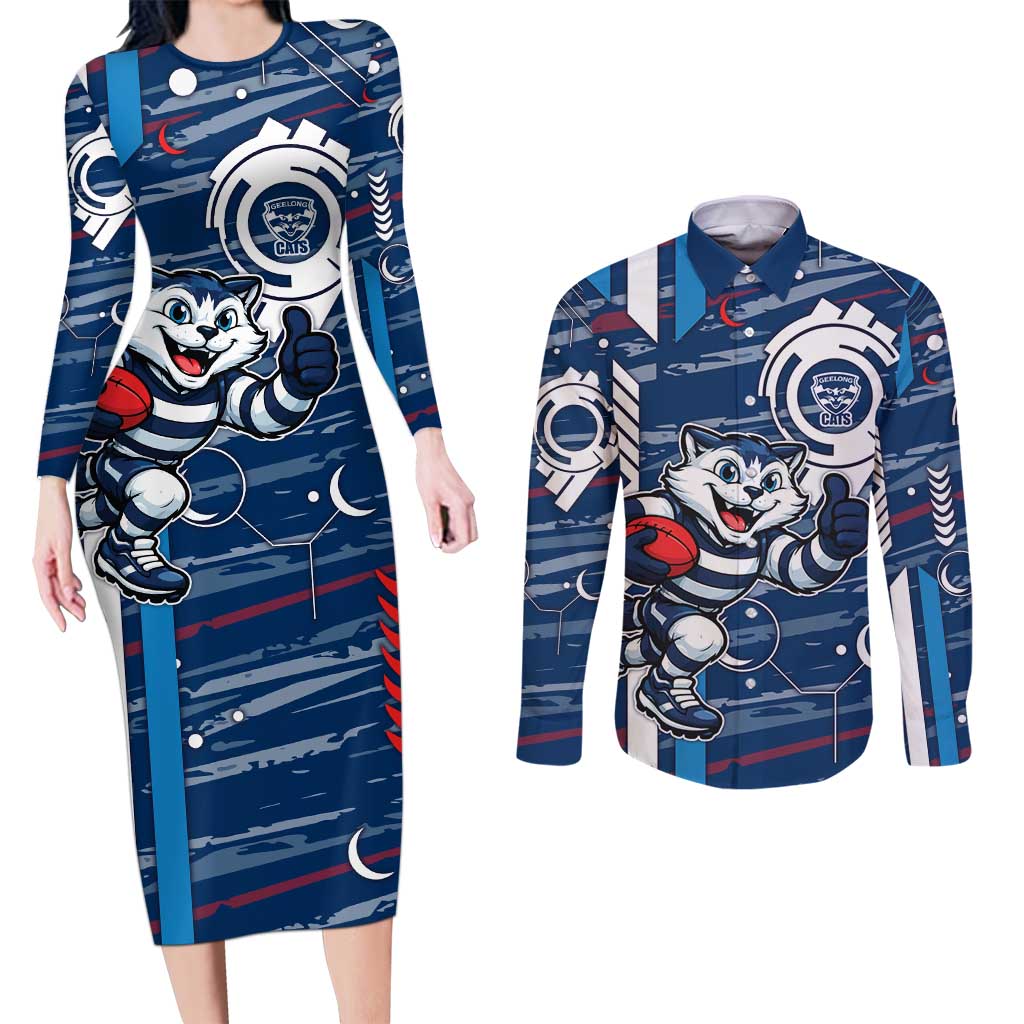 Geelong Cats Couples Matching Long Sleeve Bodycon Dress and Long Sleeve Button Shirt Mascot Cartoon Football Illustration Style