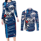 Geelong Cats Couples Matching Long Sleeve Bodycon Dress and Long Sleeve Button Shirt Mascot Cartoon Football Illustration Style