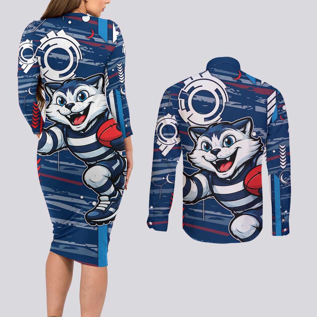 Geelong Cats Couples Matching Long Sleeve Bodycon Dress and Long Sleeve Button Shirt Mascot Cartoon Football Illustration Style