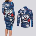 Geelong Cats Couples Matching Long Sleeve Bodycon Dress and Long Sleeve Button Shirt Mascot Cartoon Football Illustration Style