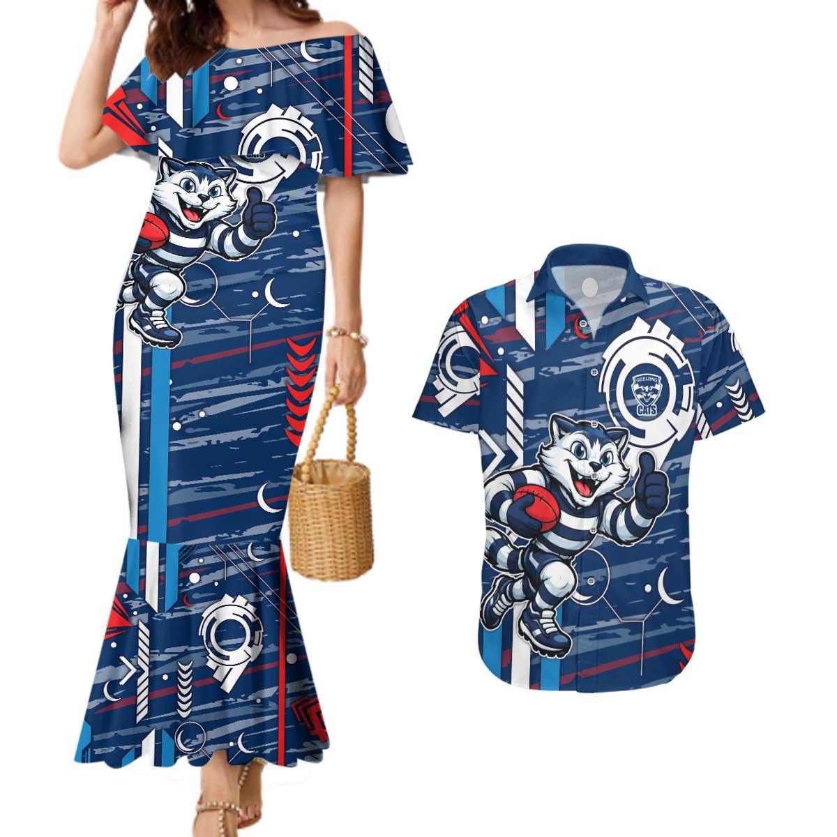 Geelong Cats Couples Matching Mermaid Dress and Hawaiian Shirt Mascot Cartoon Football Illustration Style