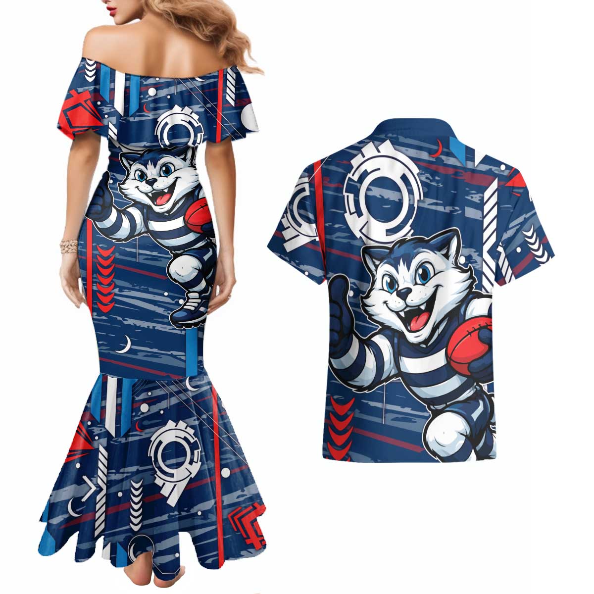 Geelong Cats Couples Matching Mermaid Dress and Hawaiian Shirt Mascot Cartoon Football Illustration Style