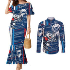 Geelong Cats Couples Matching Mermaid Dress and Long Sleeve Button Shirt Mascot Cartoon Football Illustration Style