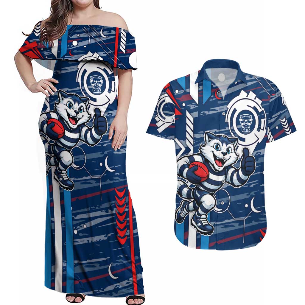 Geelong Cats Couples Matching Off Shoulder Maxi Dress and Hawaiian Shirt Mascot Cartoon Football Illustration Style