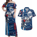 Geelong Cats Couples Matching Off Shoulder Maxi Dress and Hawaiian Shirt Mascot Cartoon Football Illustration Style