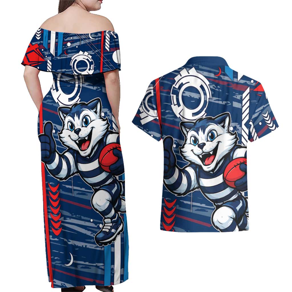 Geelong Cats Couples Matching Off Shoulder Maxi Dress and Hawaiian Shirt Mascot Cartoon Football Illustration Style