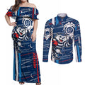 Geelong Cats Couples Matching Off Shoulder Maxi Dress and Long Sleeve Button Shirt Mascot Cartoon Football Illustration Style