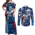 Geelong Cats Couples Matching Off Shoulder Maxi Dress and Long Sleeve Button Shirt Mascot Cartoon Football Illustration Style