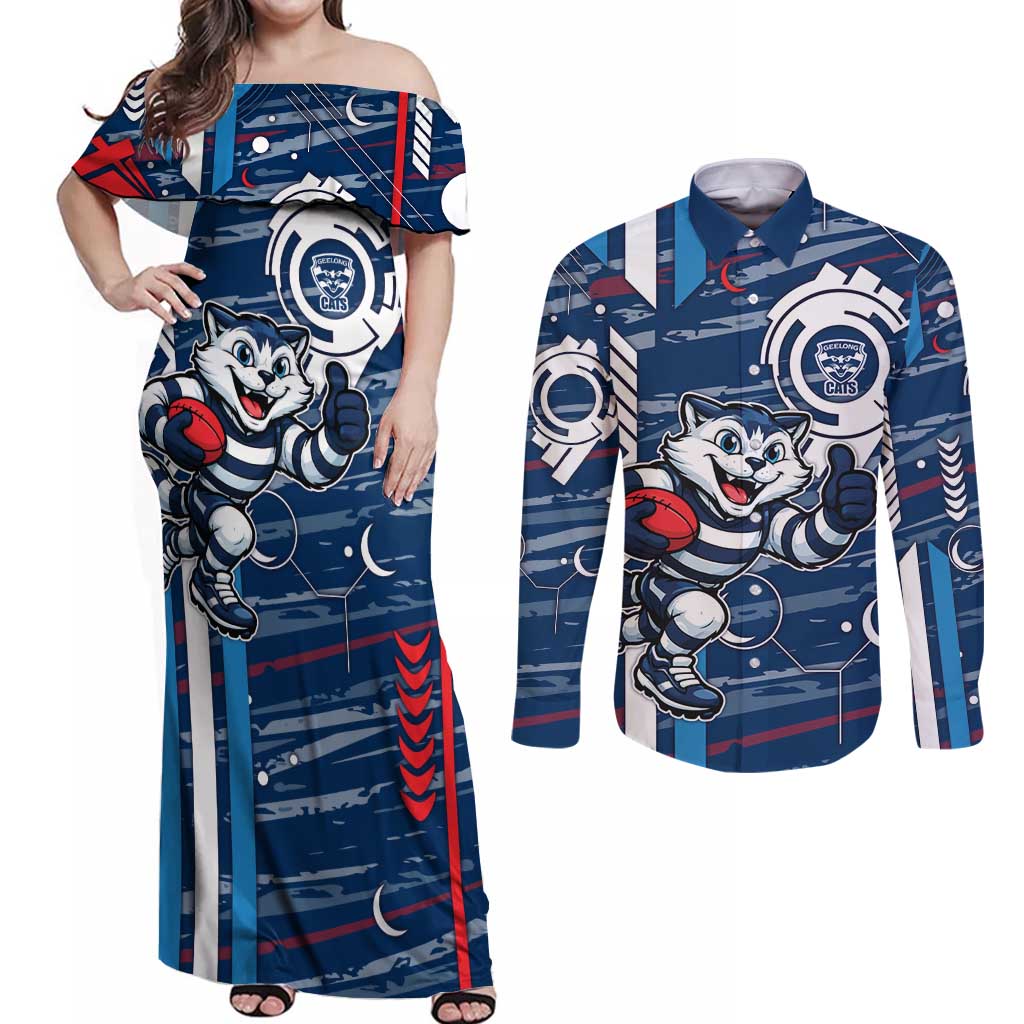 Geelong Cats Couples Matching Off Shoulder Maxi Dress and Long Sleeve Button Shirt Mascot Cartoon Football Illustration Style