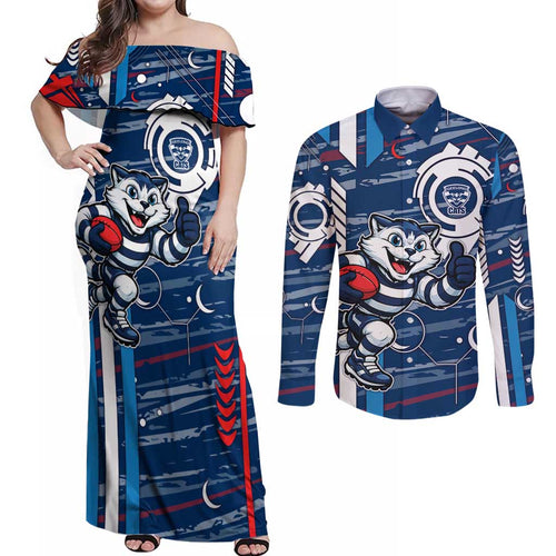 Geelong Cats Couples Matching Off Shoulder Maxi Dress and Long Sleeve Button Shirt Mascot Cartoon Football Illustration Style