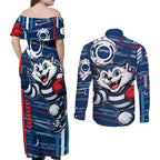 Geelong Cats Couples Matching Off Shoulder Maxi Dress and Long Sleeve Button Shirt Mascot Cartoon Football Illustration Style