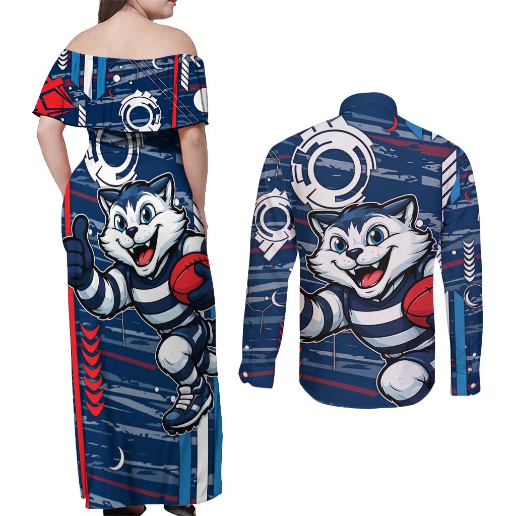 Geelong Cats Couples Matching Off Shoulder Maxi Dress and Long Sleeve Button Shirt Mascot Cartoon Football Illustration Style